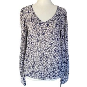 Lucky Brand Navy and White V-Neck Blouse Small